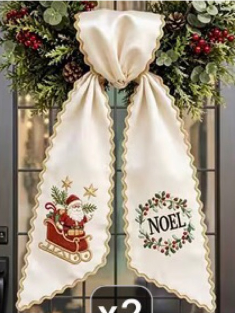 Holiday/Christmas Wreath Sash Noel with Santa in Sleigh Cream/Gold Trim NEW